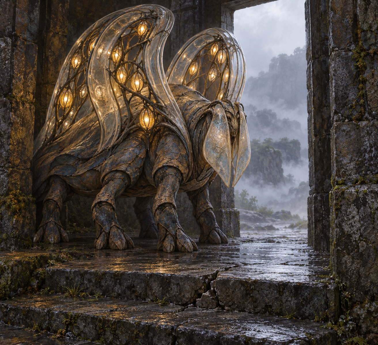A jointed fictional creature with glowing translucent arches stands beside a misty doorway and a cracked stone step.