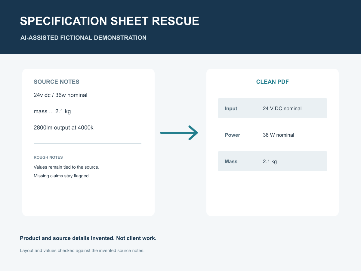 Fictional specification-sheet demonstration showing rough source notes and a clean review layout