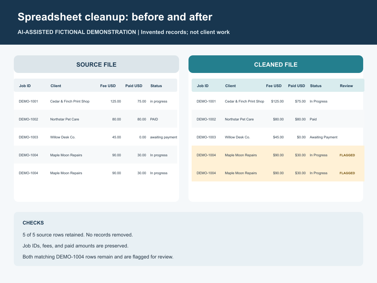 Five invented spreadsheet rows before and after cleanup, retaining duplicate candidates