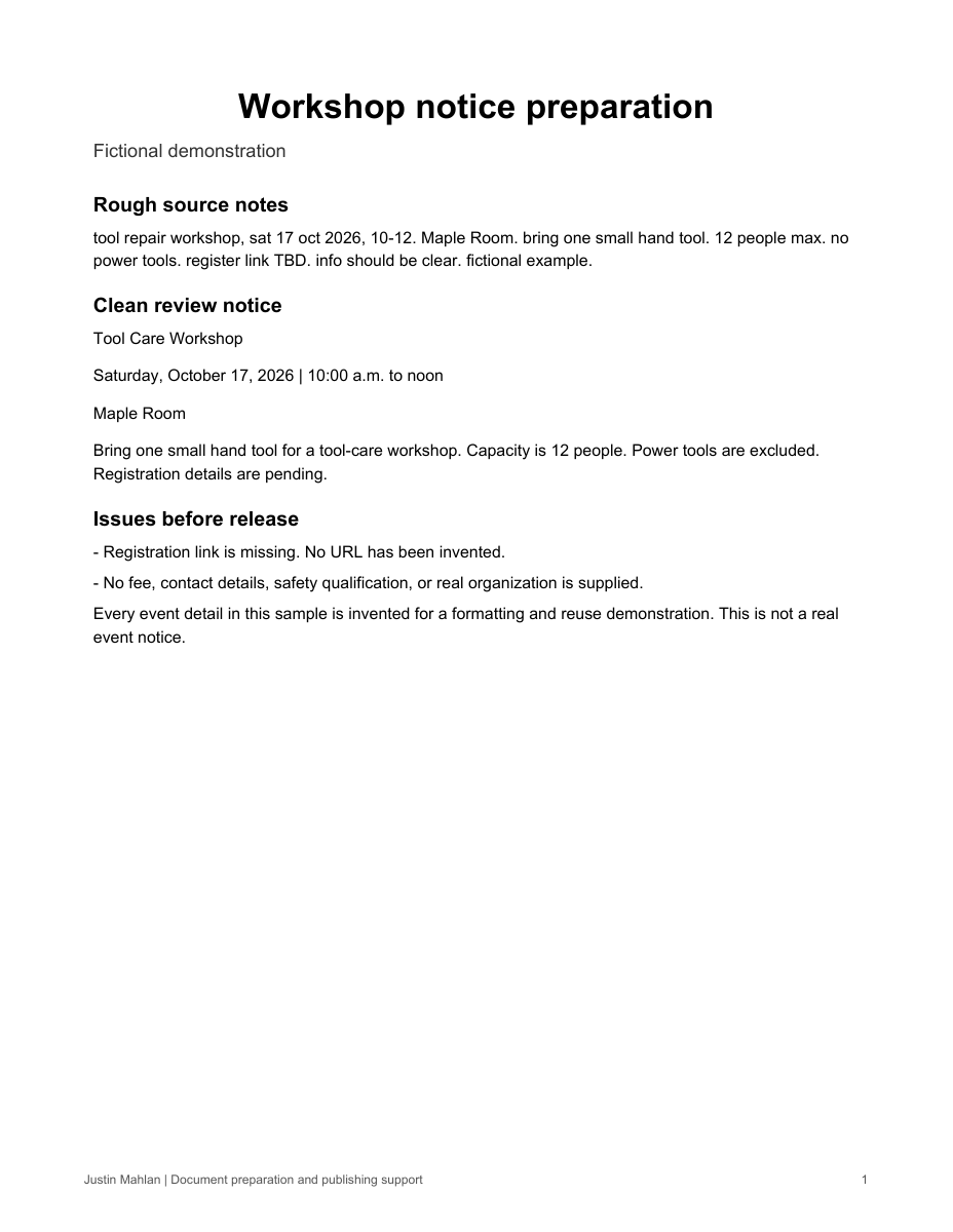 A fictional workshop notice prepared as a clean readable document