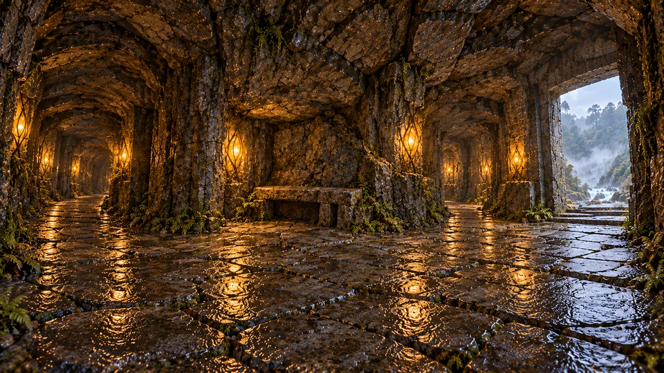 An empty stone seat rests between lamp-lit basalt passages, with the open way toward daylight visible at right.