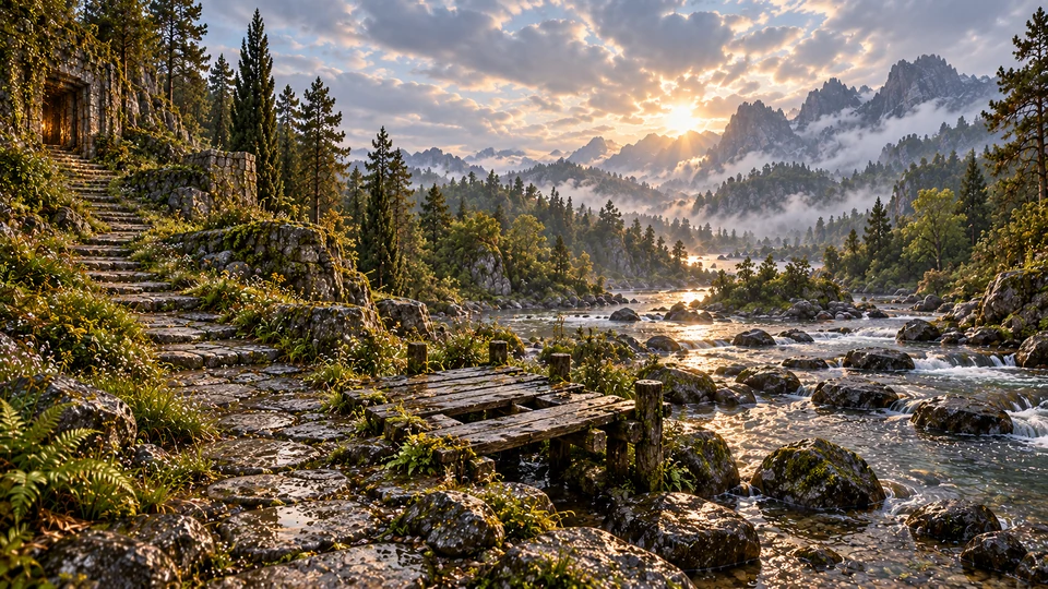 A broken wooden landing lies beside the shallow rocky river, with stone steps returning uphill along the left bank.