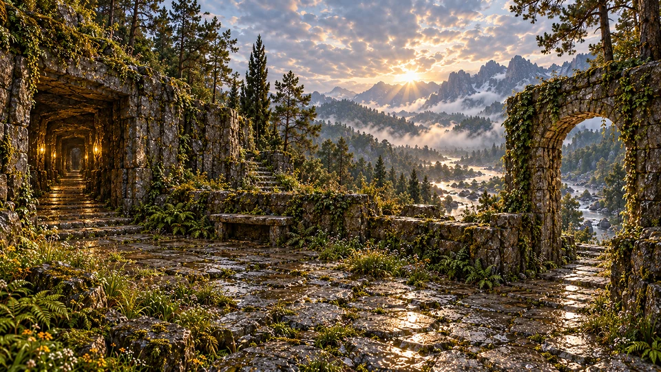 An empty stone bench stands in a mossy courtyard between an open cave passage and a river-facing arch.