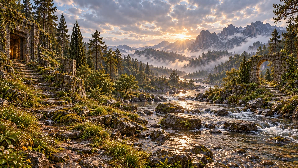 Wet stepping stones cross a shallow forest river toward an open mossy stone arch.