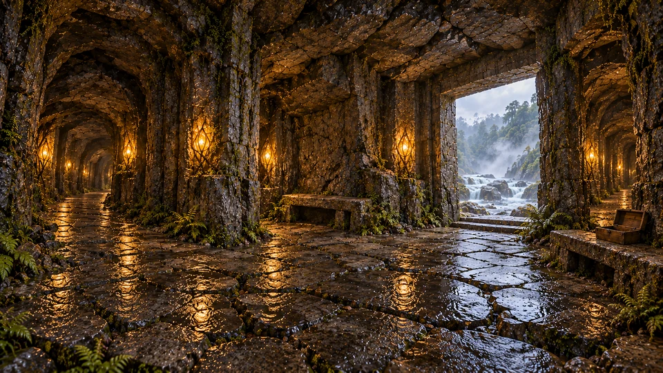Basalt passages open toward a misty river beside an empty stone bench and a small open wooden box.