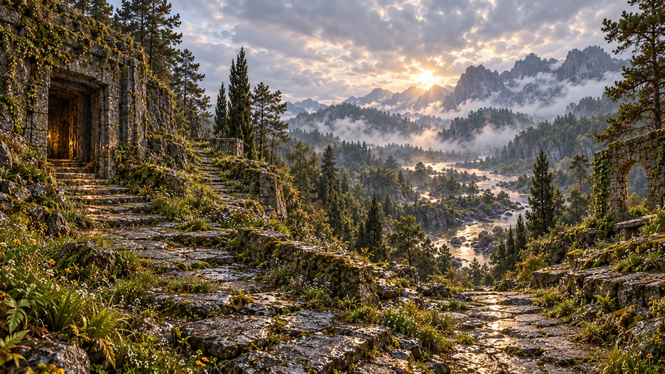 Wet basalt steps climb beside the cave mouth above a misty forest valley and winding river.