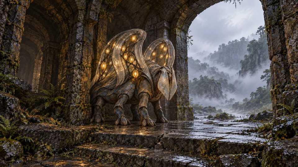 The Lanternback stands beside an open basalt doorway, its translucent back arches glowing above a cracked step.
