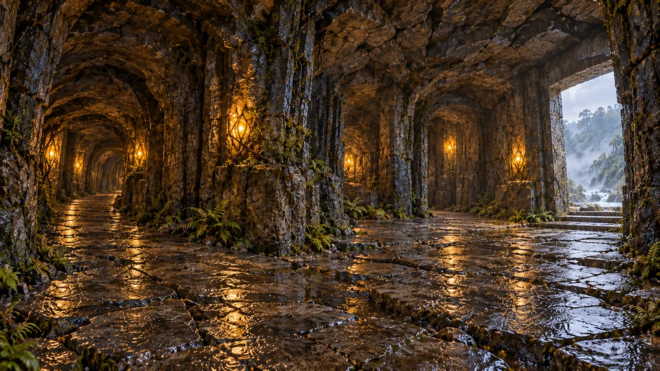 Warm lamps light a wet basalt vestibule, with a curving inner corridor at left and a daylight opening at right.